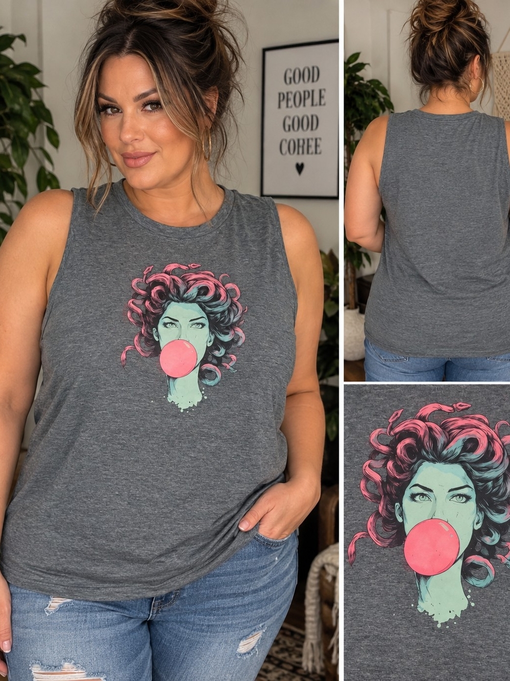 Graphic Pink Bubblegum Blowing Medusa Muscle Tee - Gray Size Approx 14/16 - 1x